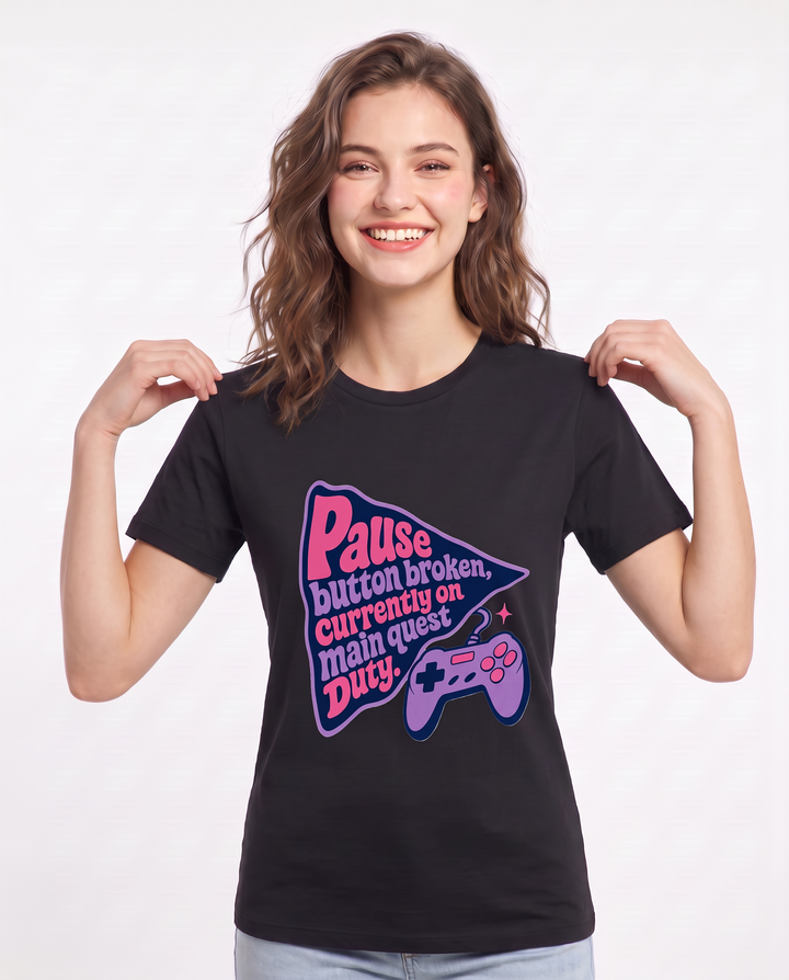 Gaming Women's Black T-Shirt - Pause button broken, currently on main product image 3