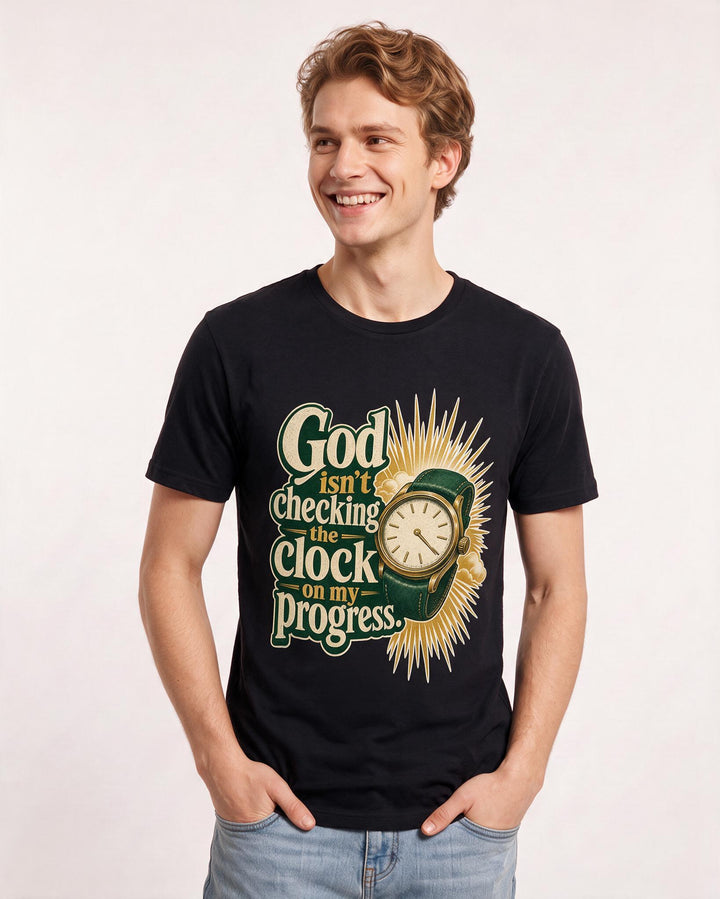 Christian Faith Men's Black T-Shirt – God isn't checking the clock on my progress. product image 3