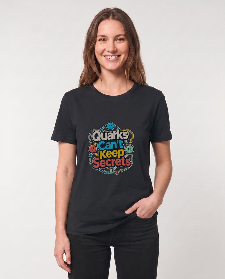 Quarks Can't Keep Secrets Black T-Shirt mockup 3