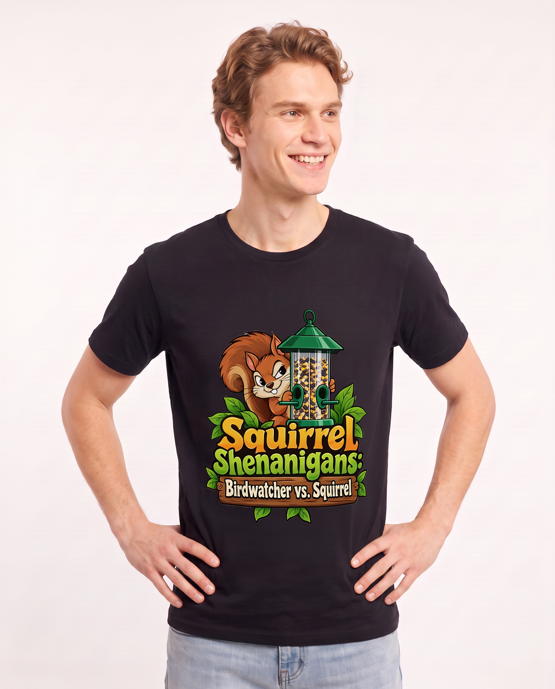 Squirrel Shenanigans: Birdwatcher vs. Squirrel Men's Black T-Shirt product image 1