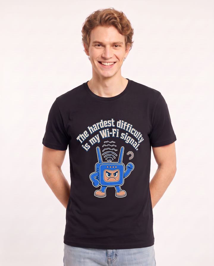 The hardest difficulty is my Wi-Fi signal. Men's Black T-Shirt product image 1