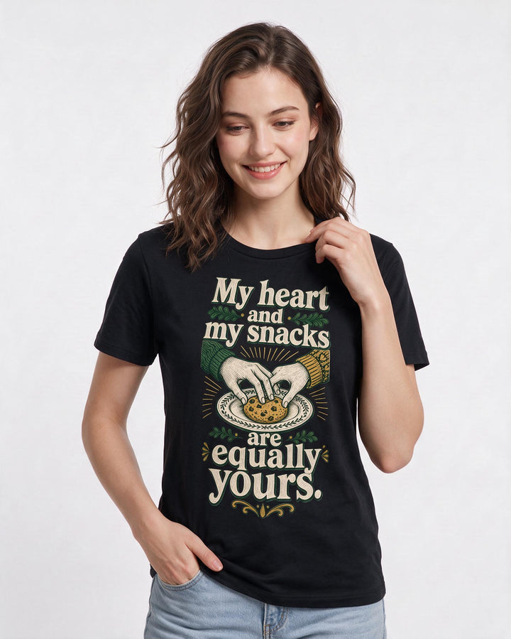 Funny Couples Women's Black T-Shirt – My heart and my snacks are equally product image 3