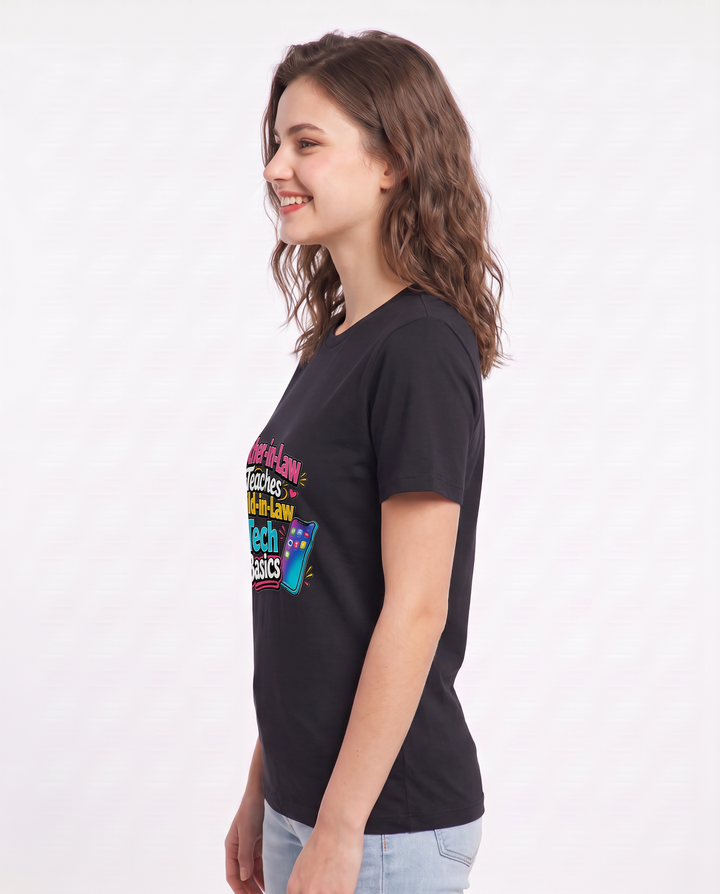Mother-in-Law Teaches Child-in-Law Tech Basics Women's Black T-Shirt product image 3