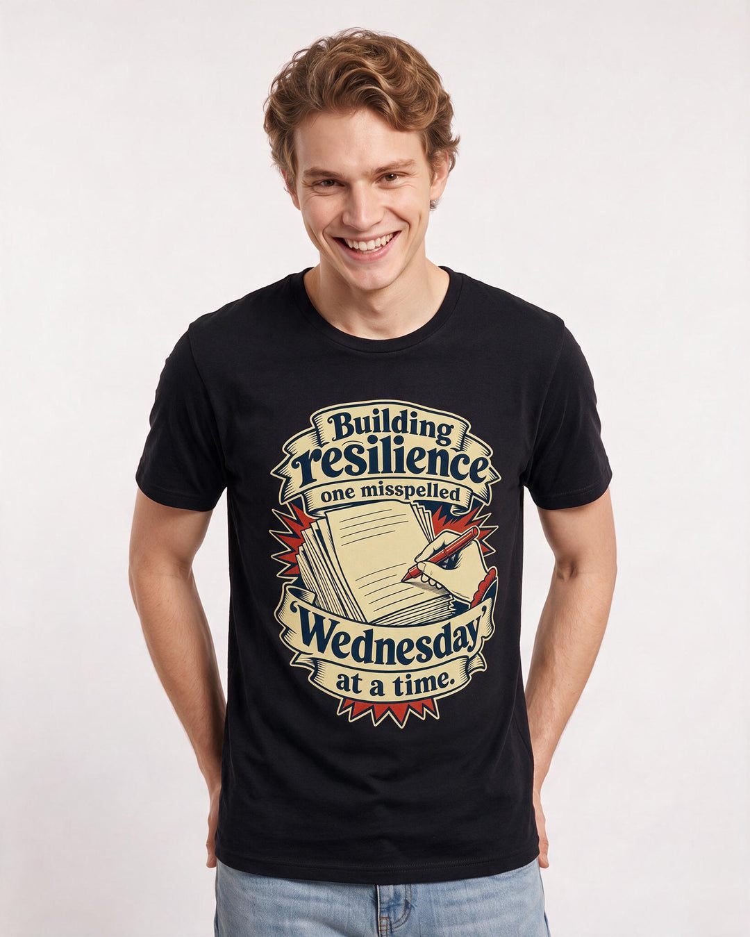 Funny Teacher Men's Black T-Shirt – Building resilience one misspelled 'Wednesday' at a time. product image 3