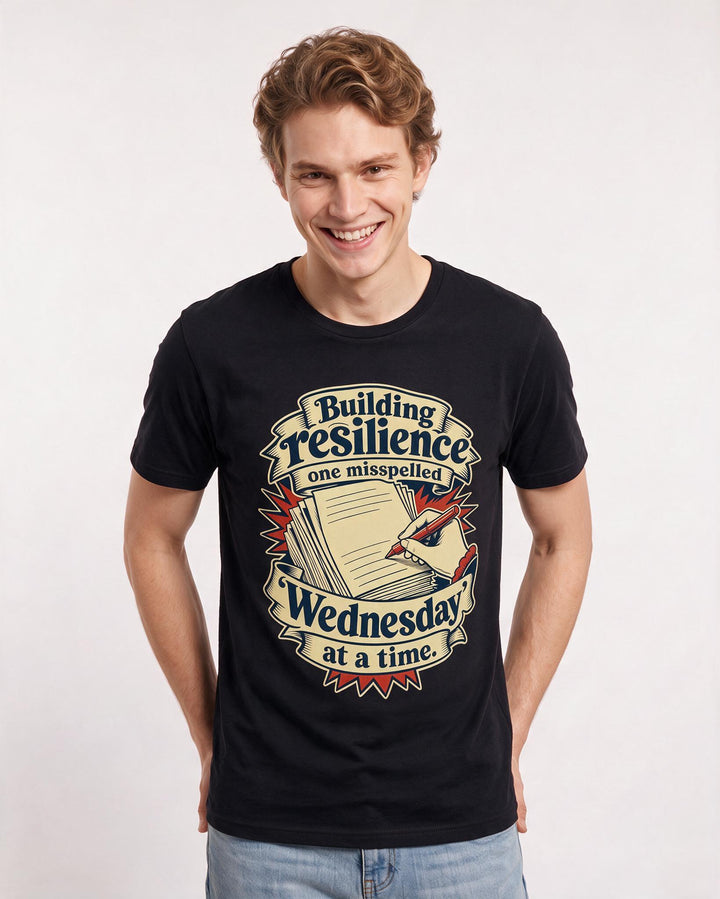 Funny Teacher Men's Black T-Shirt – Building resilience one misspelled 'Wednesday' at a time. product image 3