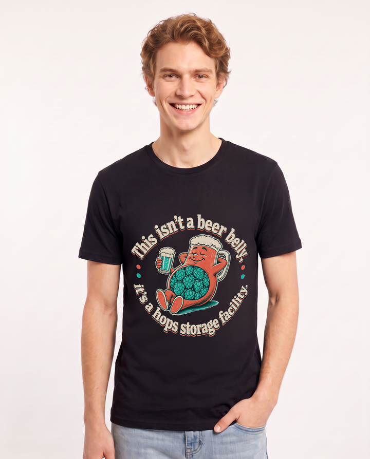 This isn't a beer belly, it's a hops storage facility. Men's Black T-Shirt product image 2