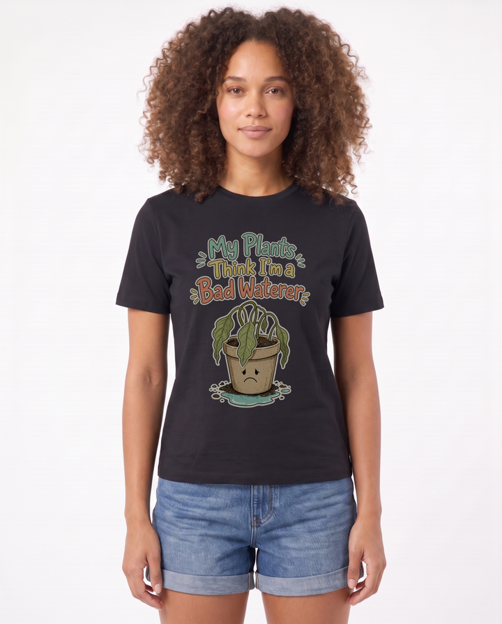My Plants Think I'm A Bad Waterer Black T-Shirt mockup 1
