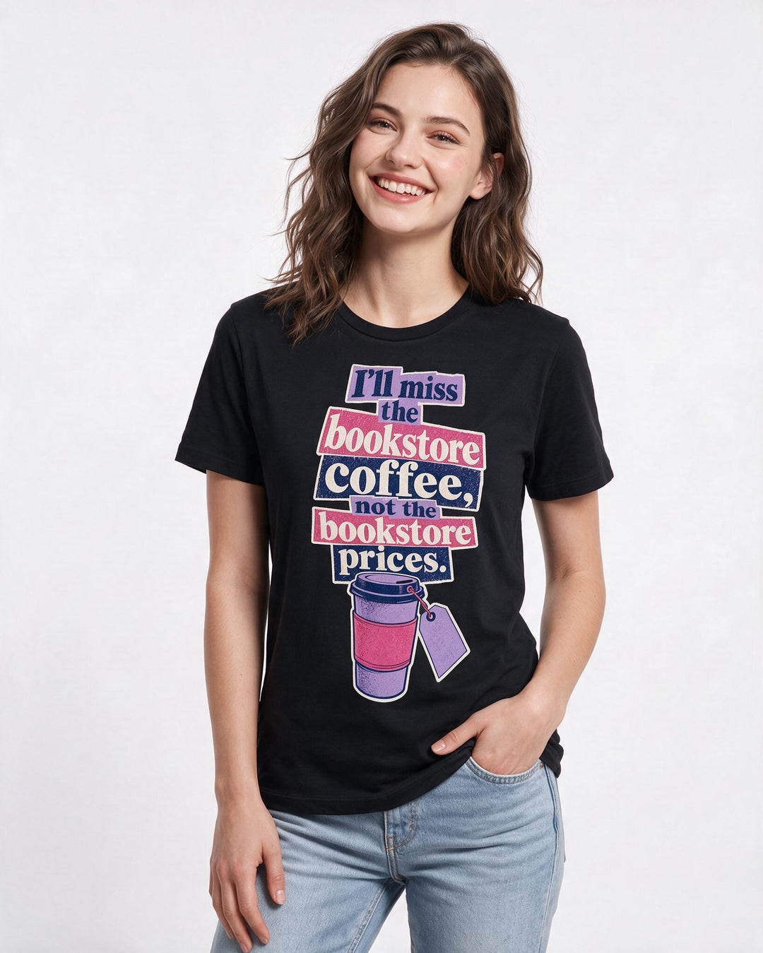 Graduation Women's Black T-Shirt – "I'll miss the bookstore coffee, not the bookstore prices." product image 3