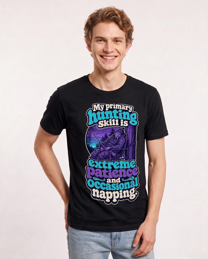 Hunting Men's Black T-Shirt – My primary hunting skill is extreme patience and occasional napping product image 3