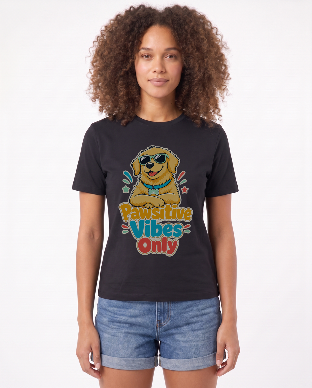 Pawsitive Vibes Only Black T-Shirt mockup 1