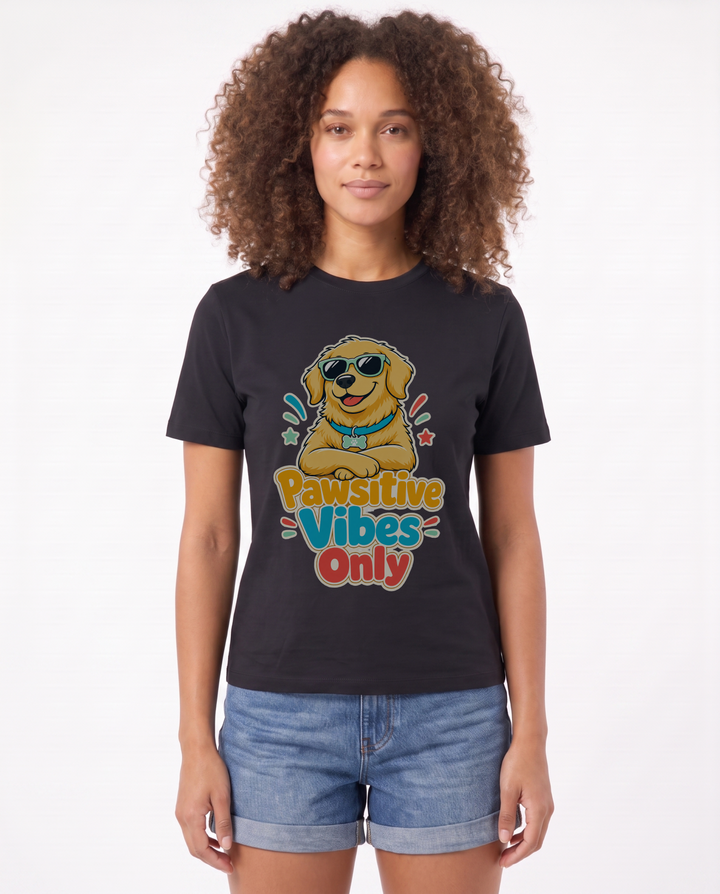 Pawsitive Vibes Only Black T-Shirt mockup 1