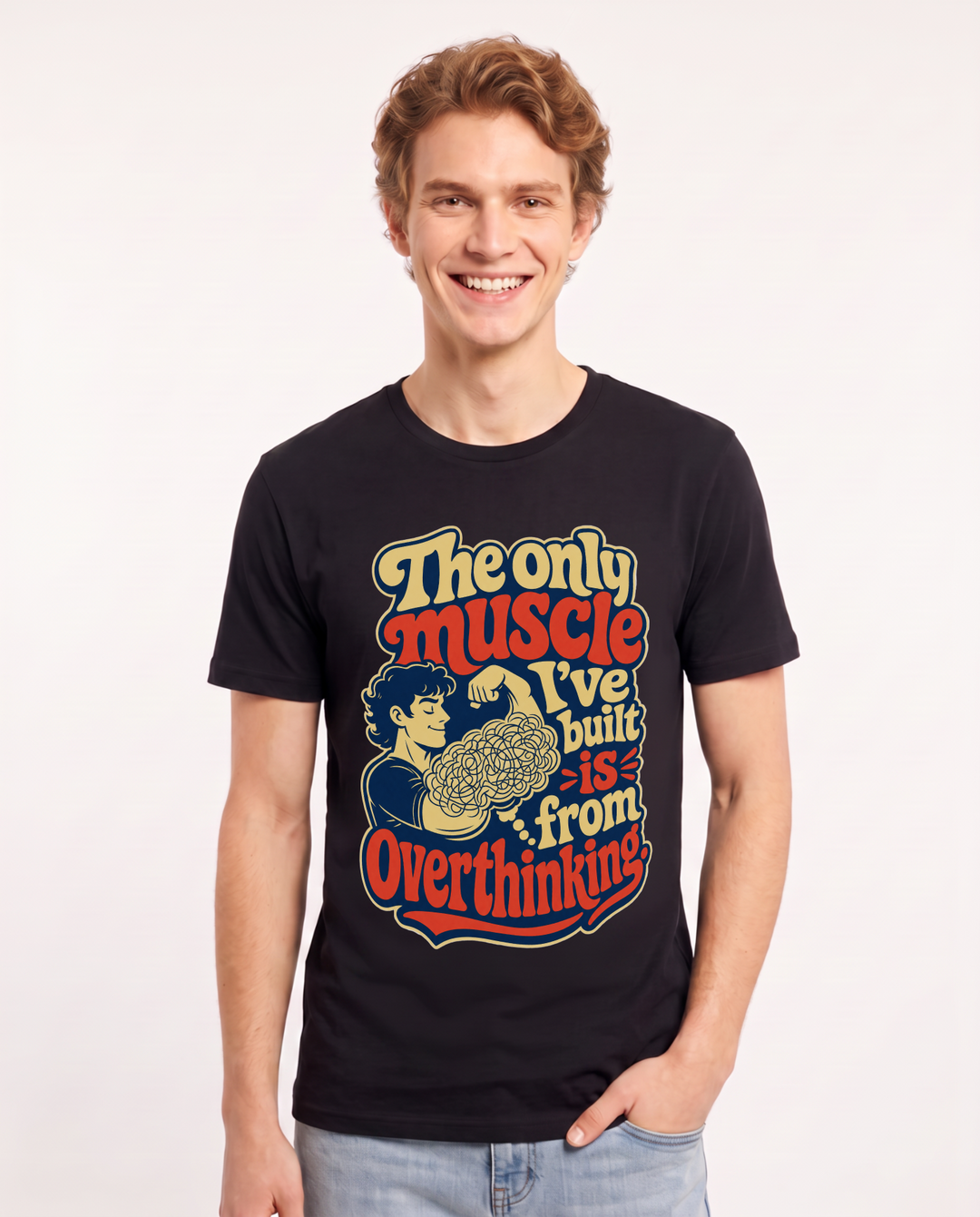 Funny Meme Men's Black T-Shirt – The only muscle I've built is from overthinking. product image 1