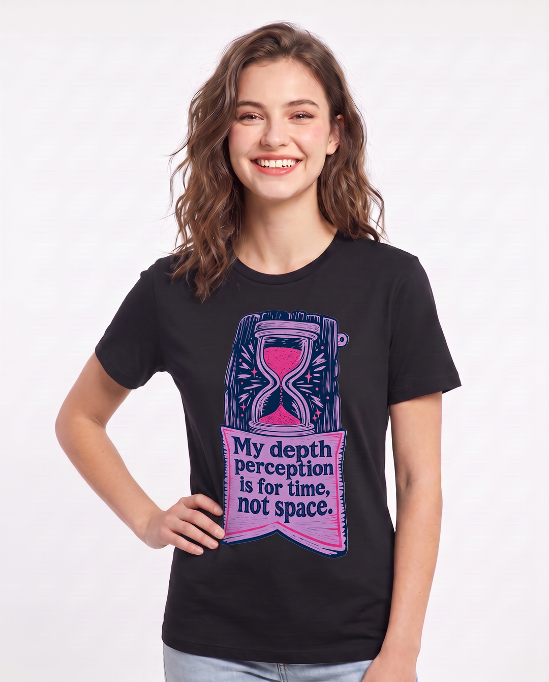 Graphic Women's Black T-Shirt - My depth perception is for time, not product image 3