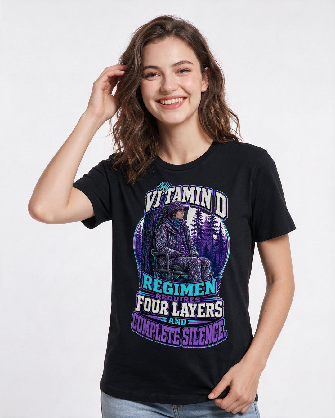 Hunting Women's Black T-Shirt – My Vitamin D regimen requires four layers and complete silence. product image 3