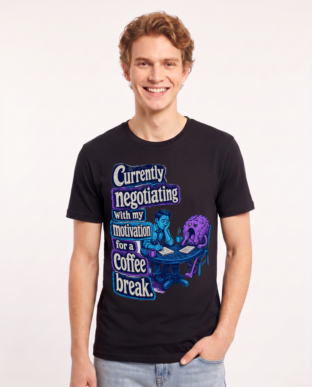Funny Meme Men's Black T-Shirt – Currently negotiating with my motivation for a coffee break. product image 1
