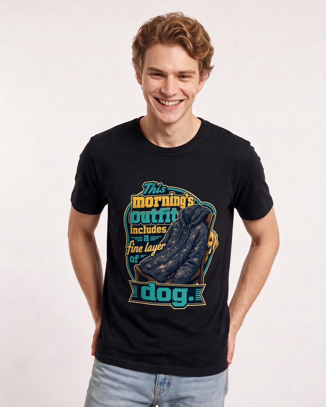 Funny Cat Lover Men's Black T-Shirt – This morning's outfit includes a fine layer of dog product image 3