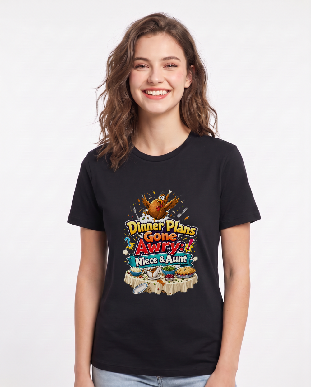 Dinner Plans Gone Awry: Niece & Aunt Women's Black T-Shirt product image 2