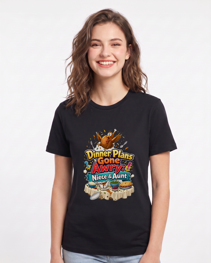 Dinner Plans Gone Awry: Niece & Aunt Women's Black T-Shirt product image 2