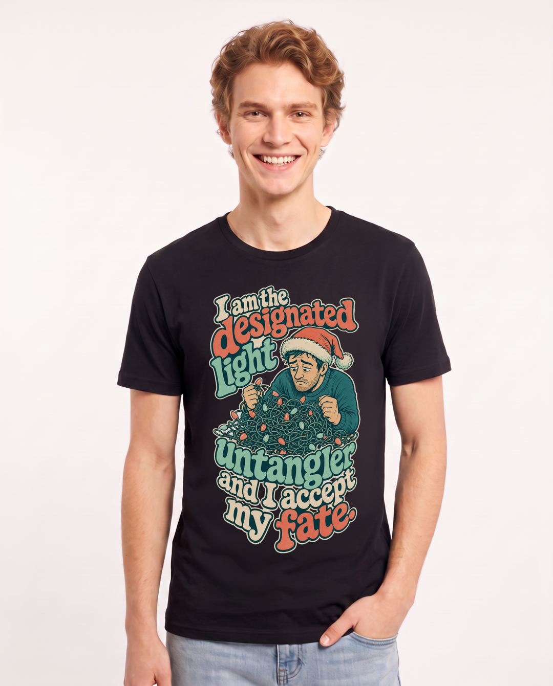 Christmas Men's Black T-Shirt – I am the designated light untangler and I accept my fate. product image 1