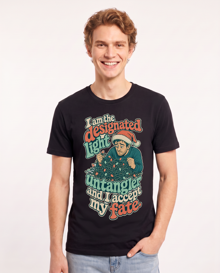 Christmas Men's Black T-Shirt – I am the designated light untangler and I accept my fate. product image 1