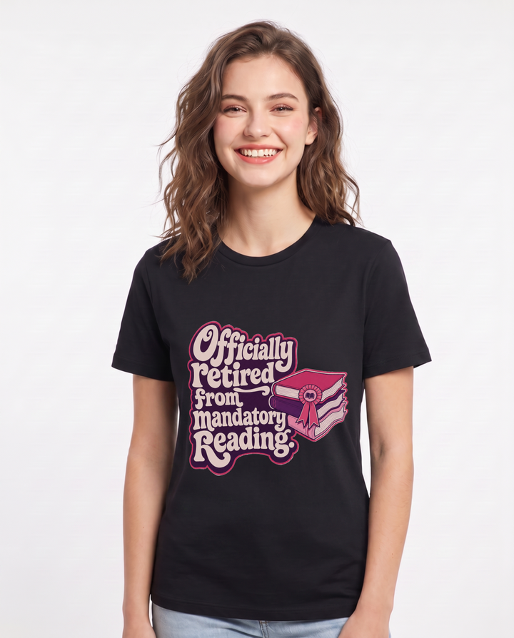 Graduation Women's Black T-Shirt – Officially retired from mandatory reading. product image 1
