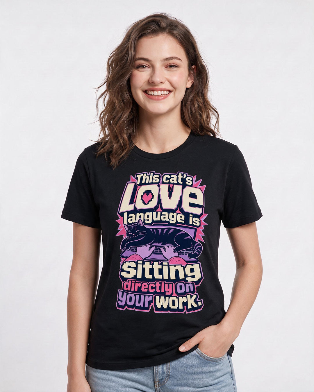 Funny Cat Lover Women's Black T-Shirt – This cat's love language is sitting directly on your work product image 3