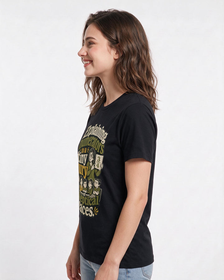 Teacher Women's Black T-Shirt – Explaining numerators to a tiny jury of skeptical faces. product image 2