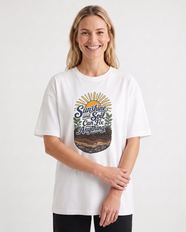 Sunshine And Soil Can Fix Anything White T-Shirt mockup 3