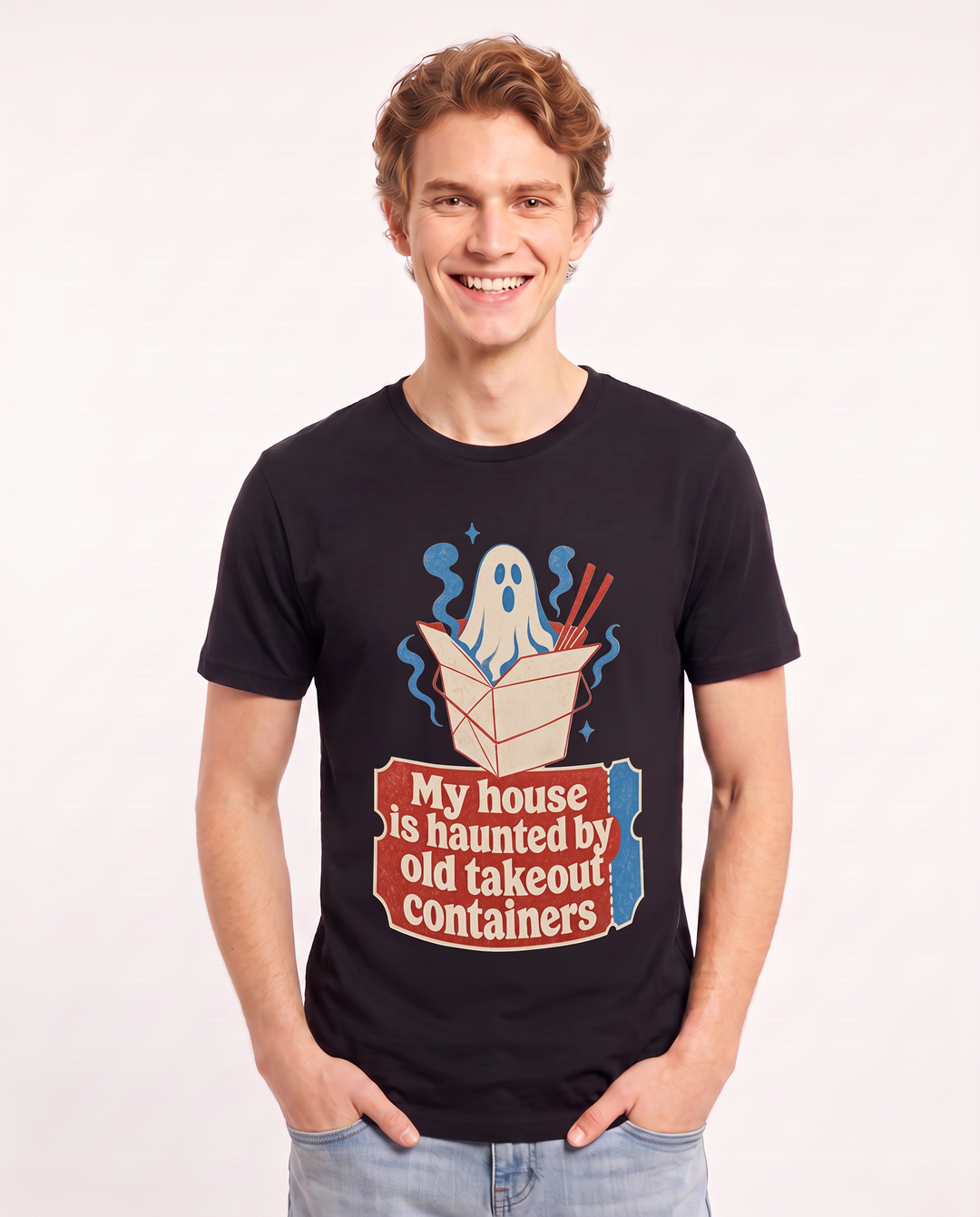 Halloween Men's Black T-Shirt - My house is haunted by old takeout product image 3