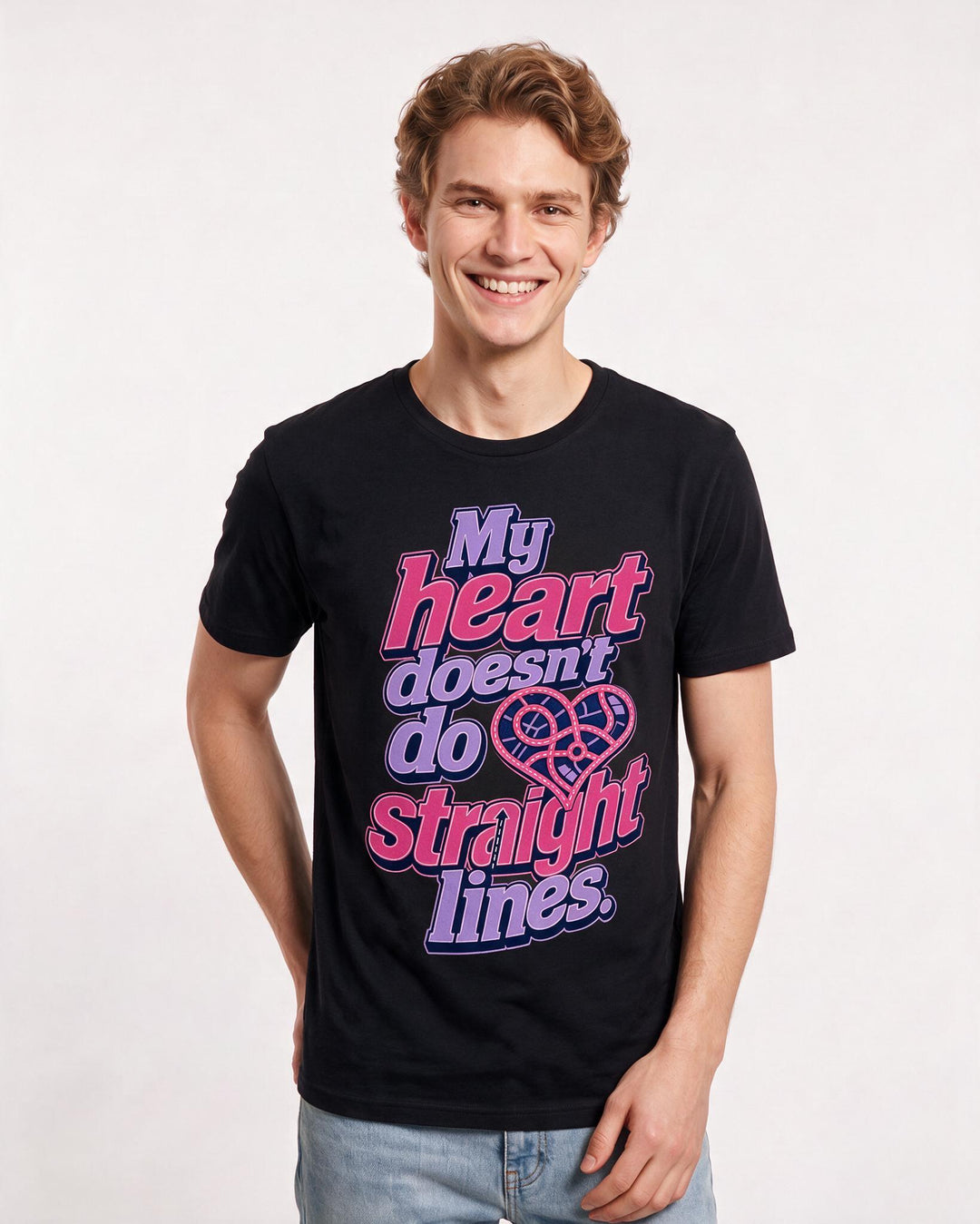 Pride Men's Black T-Shirt – My heart doesn't do straight lines. product image 3