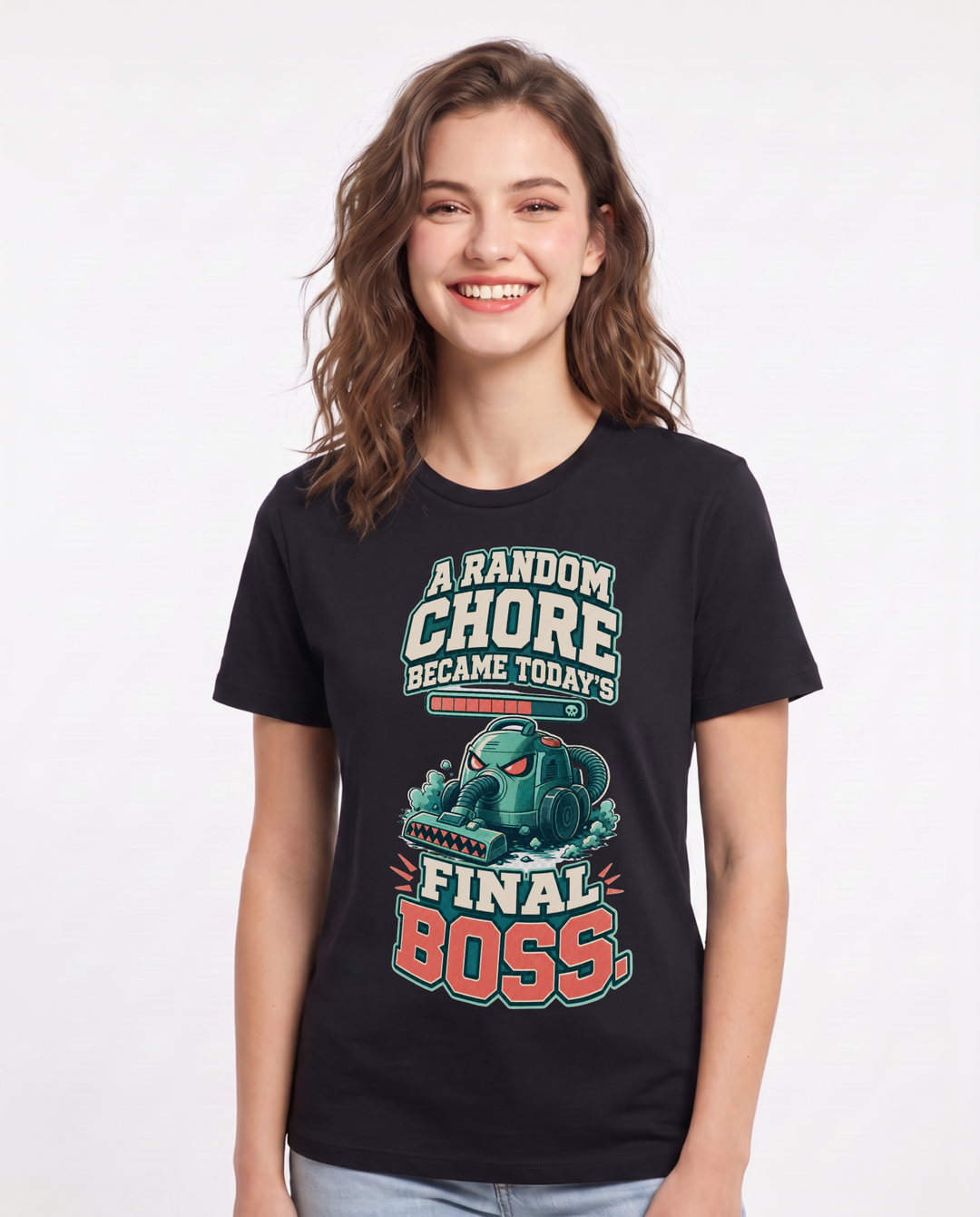 Funny Gaming Women's Black T-Shirt – A random chore became today's final boss. product image 1
