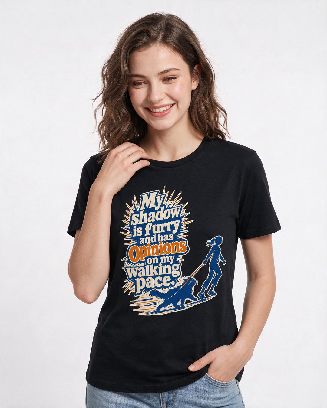 Cat Lover Women's Black T-Shirt – My shadow is furry and has opinions on my walking pace. product image 3