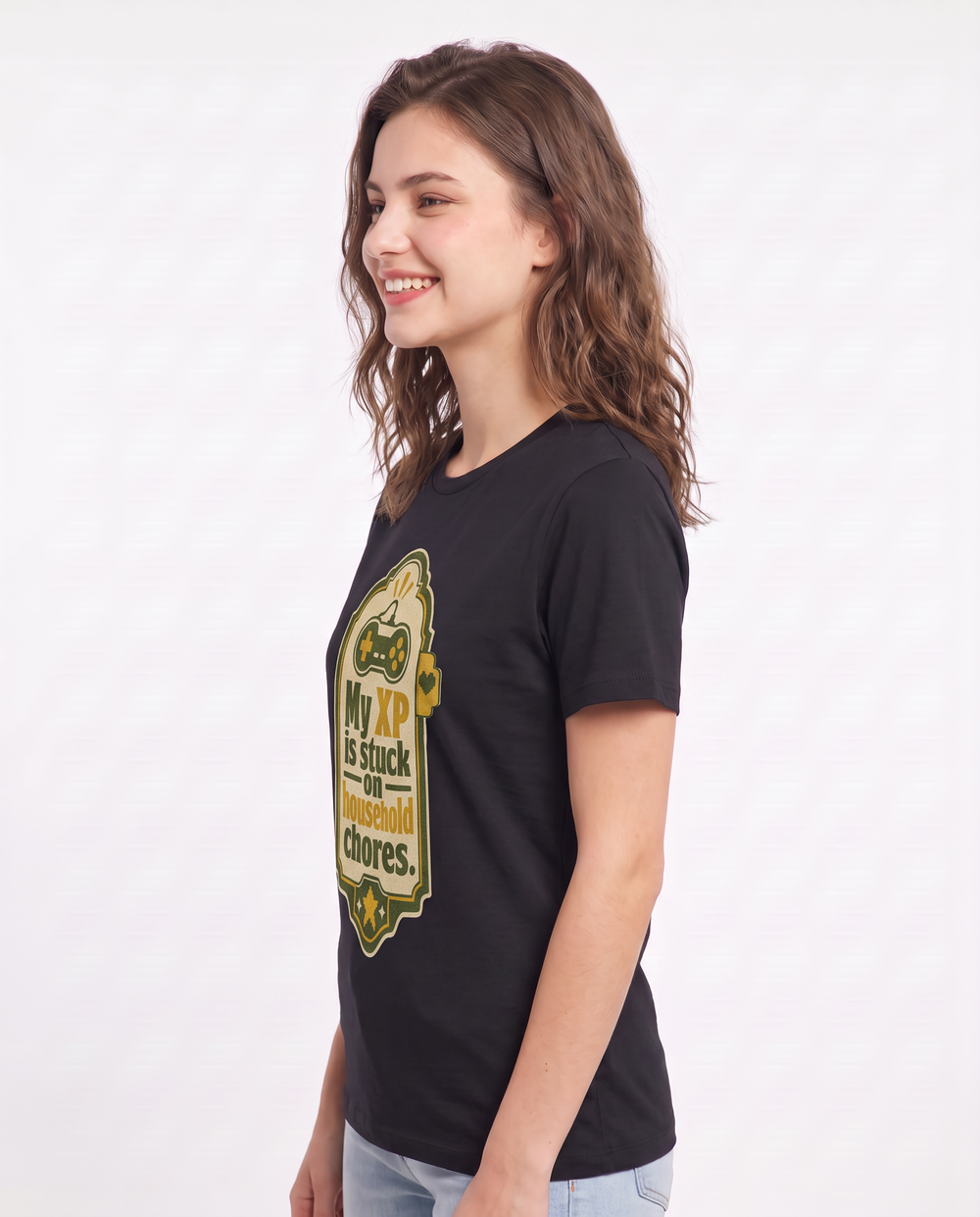 Gaming Women's Black T-Shirt - My XP is stuck on household chores. product image 2