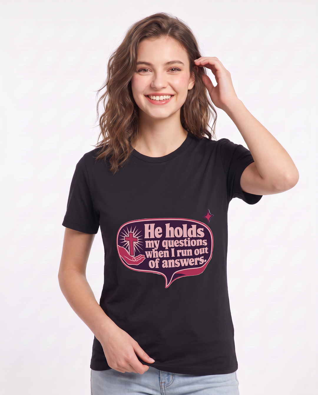 Graphic Women's Black T-Shirt - He holds my questions when I run out product image 3