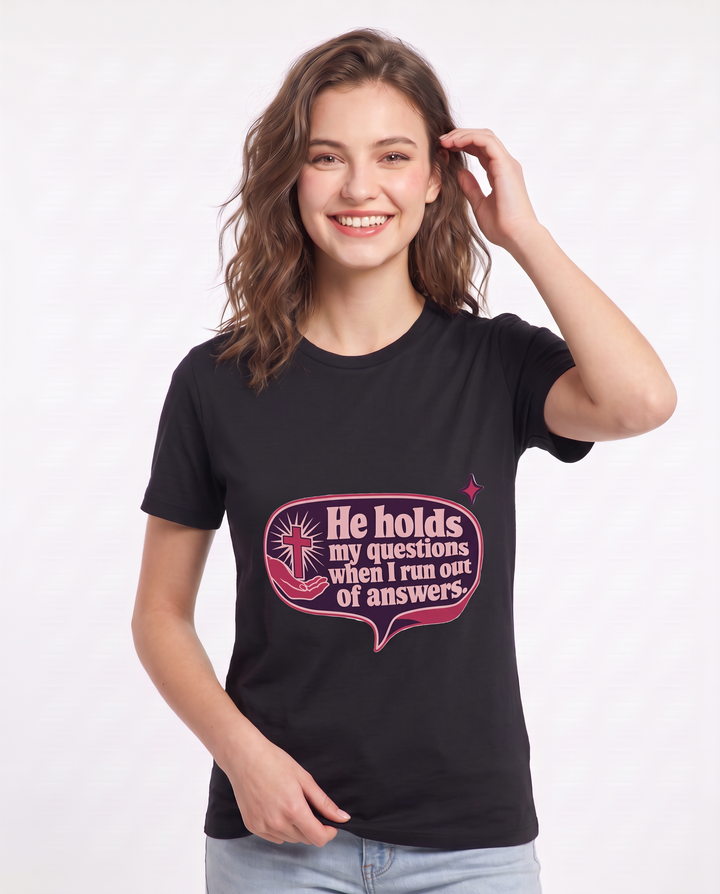 Graphic Women's Black T-Shirt - He holds my questions when I run out product image 3