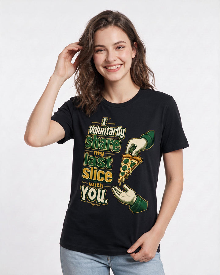 Funny Couples Women's Black T-Shirt – I voluntarily share my last slice with you. product image 3