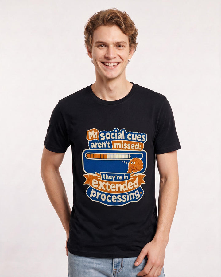 Neurodiversity Men's Black T-Shirt – My social cues aren't missed; they're in extended processing. product image 3