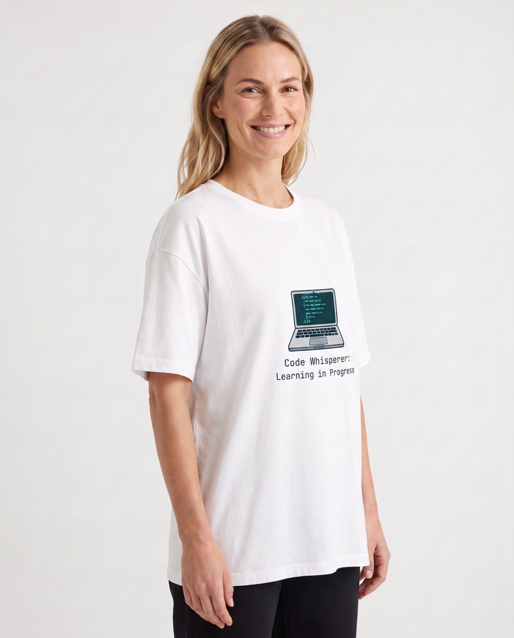 Code Whisperer: Learning In Progress White T-Shirt mockup 2