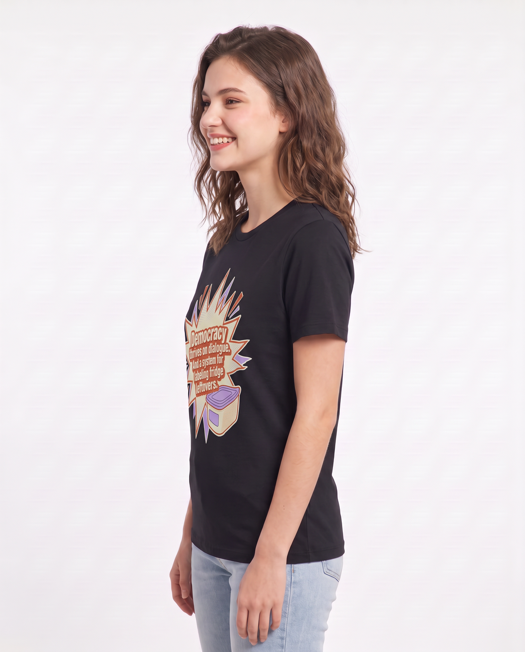 Democracy thrives on dialogue. And a system for labeling fridge leftovers. Women's Black T-Shirt product image 3