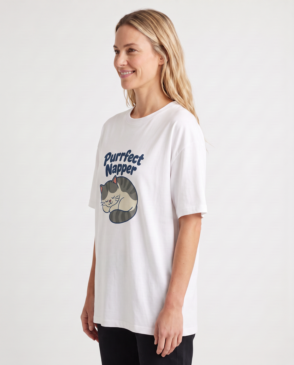Purrfect Napper White T-Shirt mockup 2