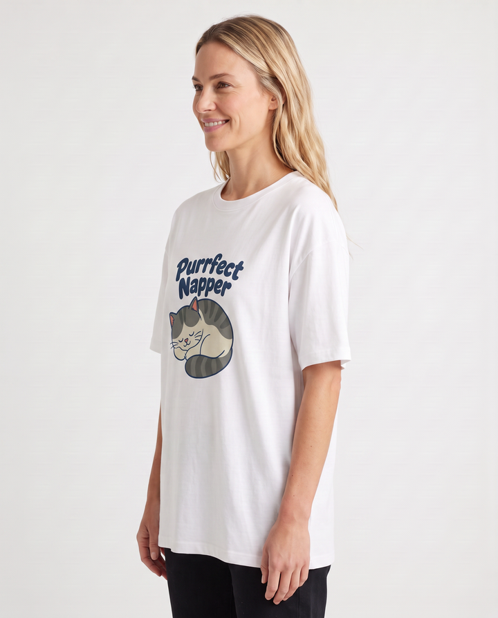 Purrfect Napper White T-Shirt mockup 2