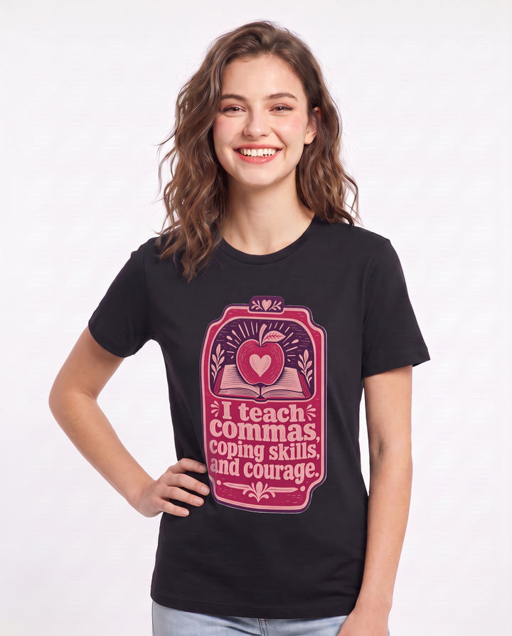 Teacher Gift Women's Black T-Shirt - I teach commas, coping skills, product image 3
