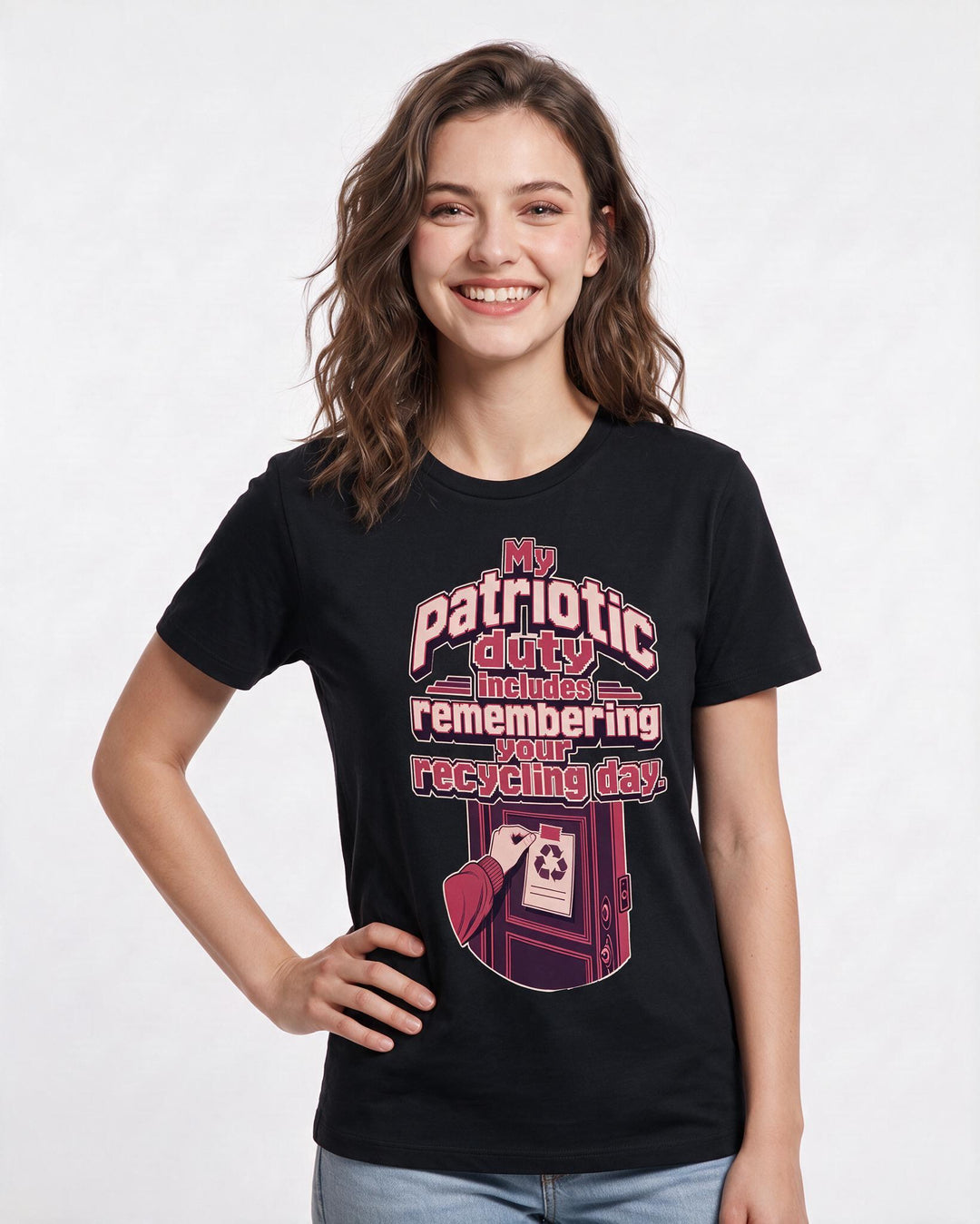 Patriotic Women's Black T-Shirt – My patriotic duty includes remembering your recycling day. product image 3