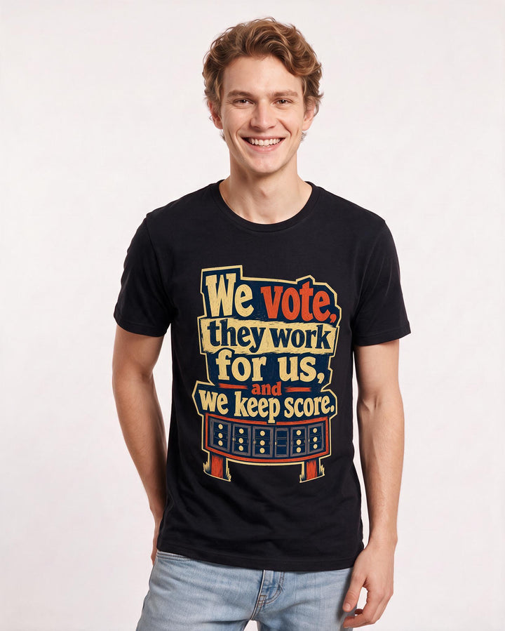 Political Statement Men's Black T-Shirt – We vote, they work for us, and we keep score. product image 3