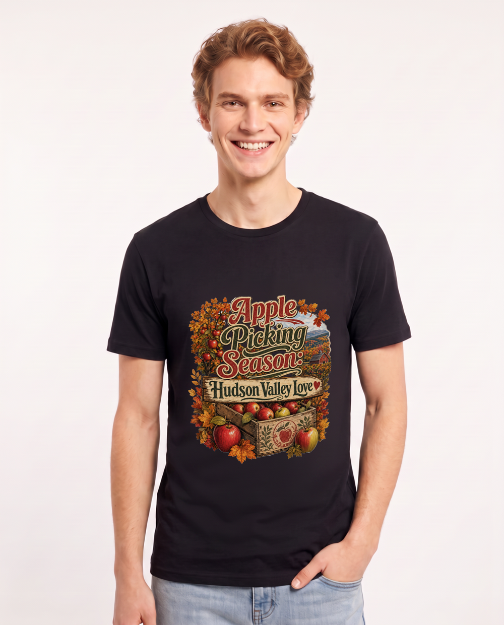 Apple Picking Season: Hudson Valley Love Men's Black T-Shirt product image 2