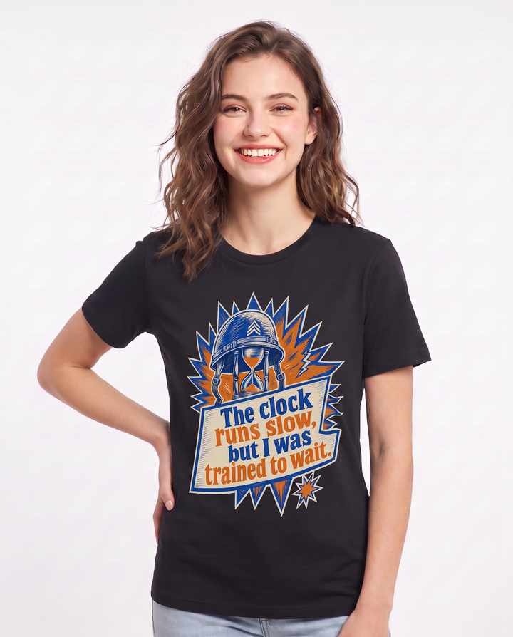 Graphic Women's Black T-Shirt - The clock runs slow, but I was trained product image 3