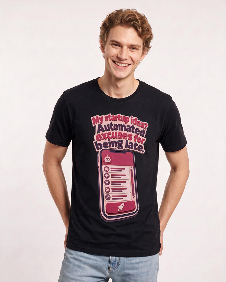 Funny Meme Men's Black T-Shirt – My startup idea? Automated excuses for being late. product image 3