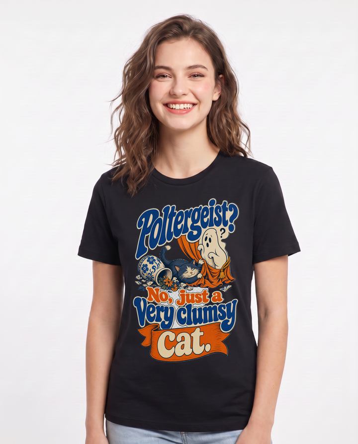 Funny Halloween Women's Black T-Shirt – Poltergeist? No, just a very clumsy cat. product image 1
