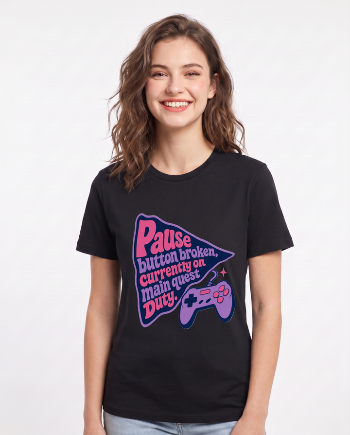 Gaming Women's Black T-Shirt - Pause button broken, currently on main product image 1