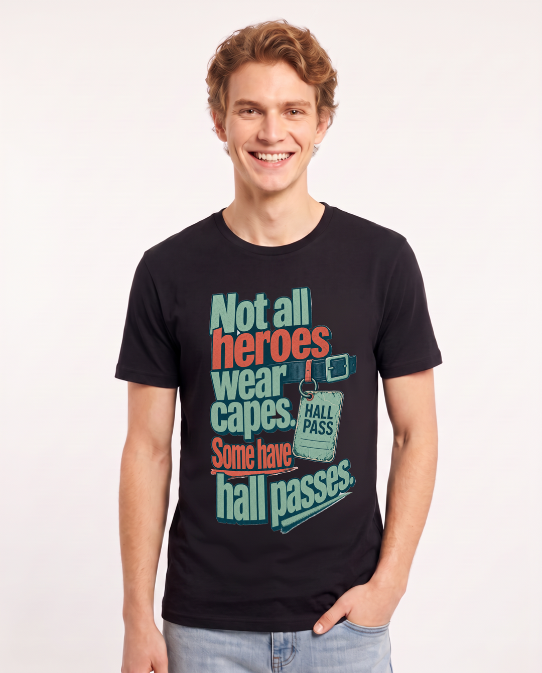 Teacher Men's Black T-Shirt – Not all heroes wear capes. Some have hall passes. product image 1